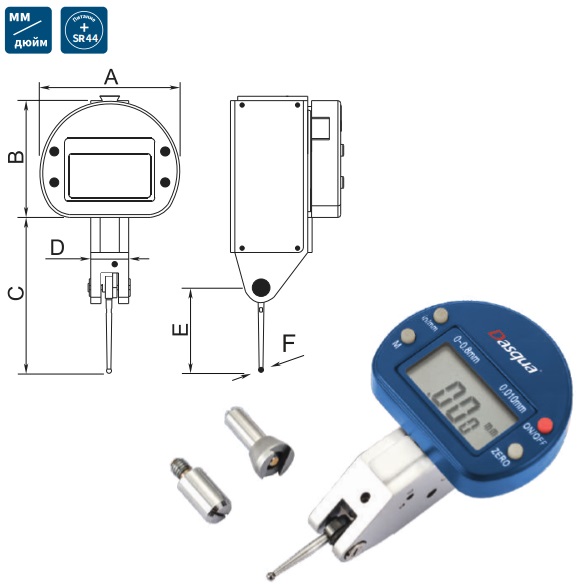 Индикатор 0-0,8мм/0-0,03&quot; 0,01/0,0005&quot; рычажно-зубчатый цифровой 5410-8110 Dasqua
