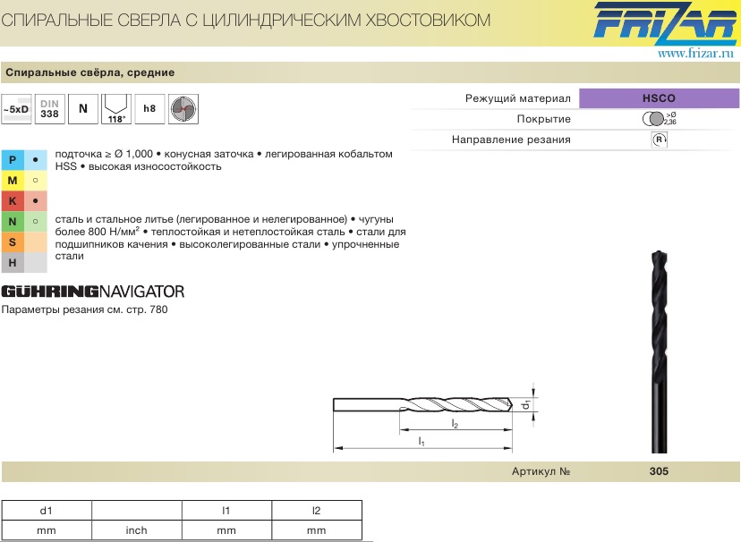 Сверло 2,50x57x30 спиральное 118 Vap HSCo DIN338 305 2,500